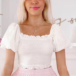 White Smocked Puff Sleeve Crop Top